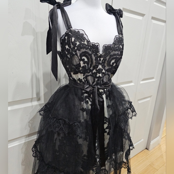 Dolls Kill Unholy Kindred Spirits Black White Lace Mini DressTiered Tulle Skirt - Picture 12 of 16